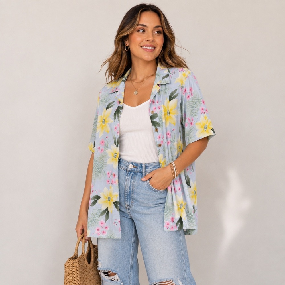 Havana Jacks Cafe Tropical Floral Button Up top Women's XL Blue Yellow Pink 0241